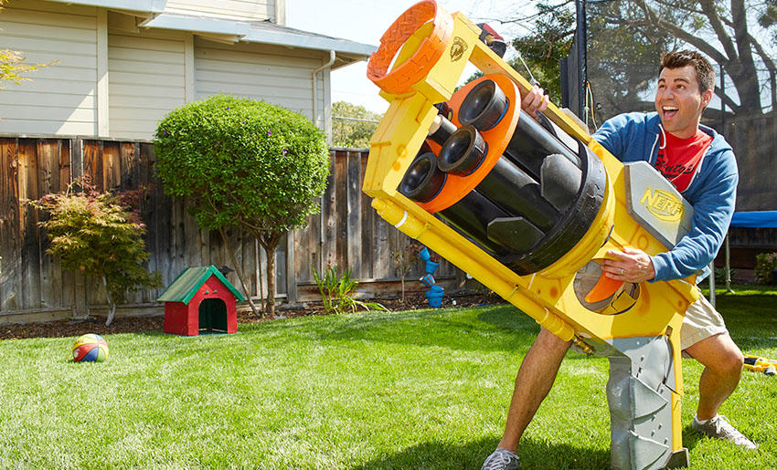 man with huge nerf gun