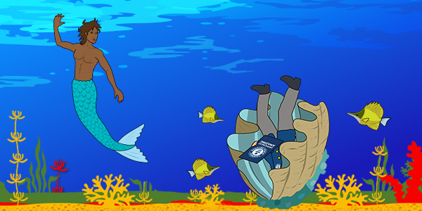 Adjudicator in shell with mermaid under the sea