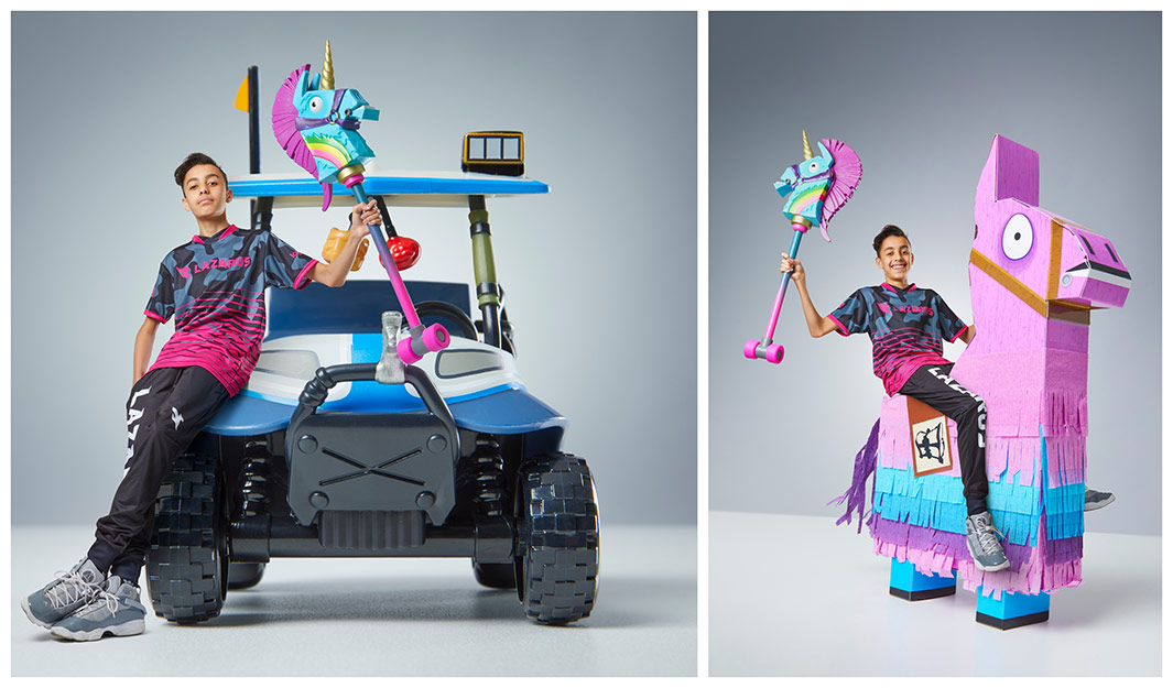 Jaden with fortnite kart and llama while holding a pickaxe with a unicorn head