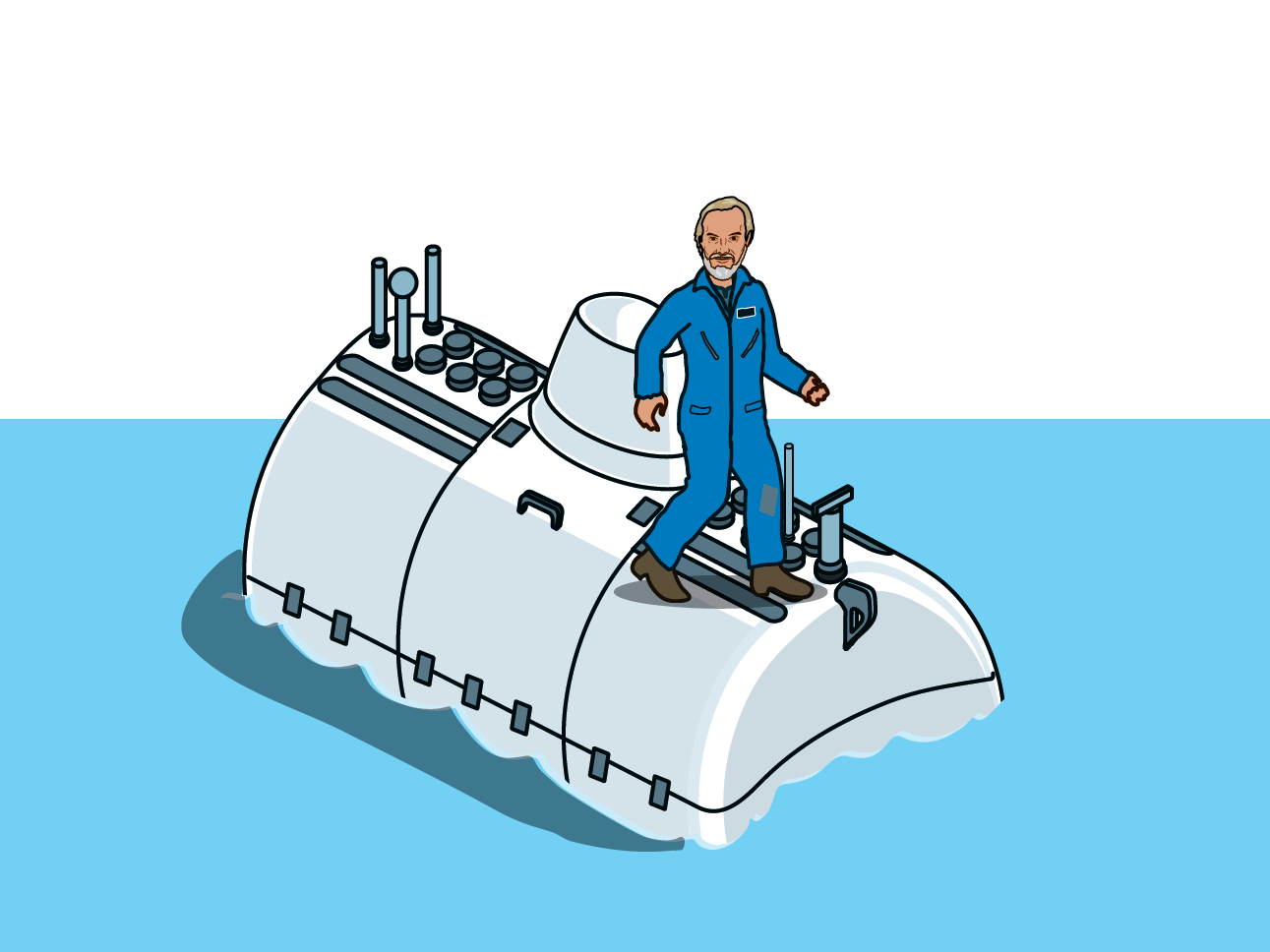 illustration of Victor standing on top of submarine