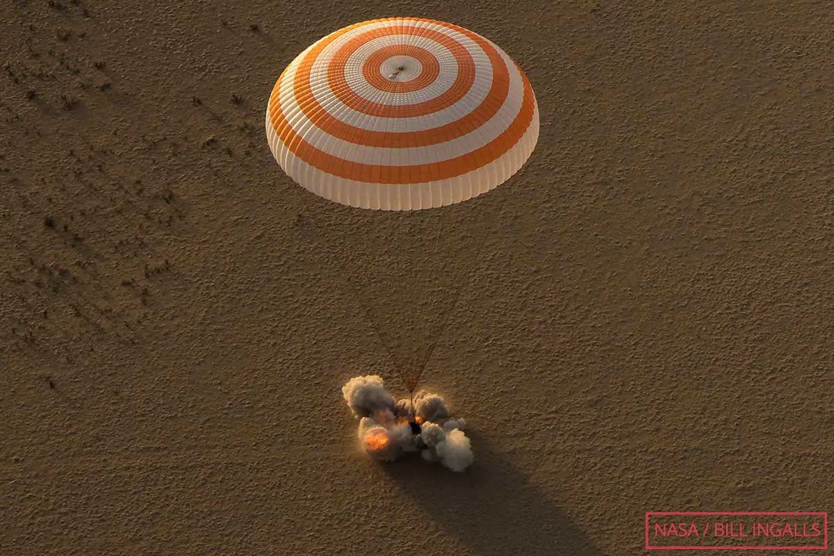 The Soyuz MS 04 spacecraft landing near Zhezkazgan in Kazakhstan